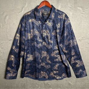 Barabas Black Blue Graphic Men's Button Up Collared Dress Shirt Size XL